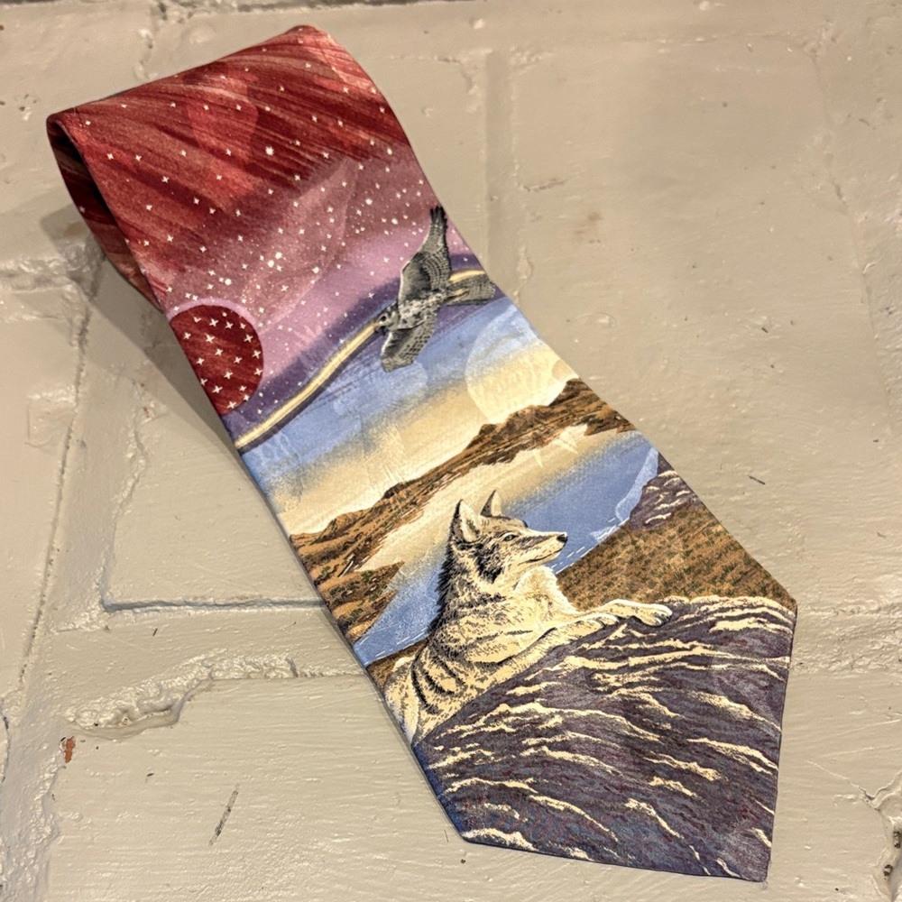 VTG Endangered Species Wolf, Bird of Prey‎ & Red Moon 100% Silk Necktie